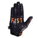 The FIST HULA GLOVE features a vibrant floral and animal print over a black base with bright red, orange, and purple accents. "FIST" is printed in yellow across the fingers—ideal MTB gloves for riders who want bold style.