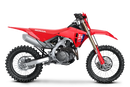 The 2025 Honda CRF450RX off-road motorcycle, featuring a black seat and knobby tires, is displayed in side profile. It highlights a lightweight frame, visible suspension components, and the Honda logo prominently on the side. The bike is equipped with Honda Selectable Torque Control for optimal performance across diverse terrains.