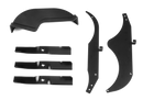 The Husqvarna Mulching Kit includes two metal mulching blades, a black plastic chute cover, metal pins, and mounting hardware to help ZTR Zero Turn mowers recycle clippings and boost lawn nutrients.
