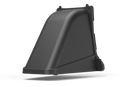 A black, matte Deflector by Husqvarna with an angular, wall-mounted design and curved edges, inspired by the sleek rear ejection style of 100-series garden tractor deflectors.