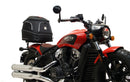 Image featuring a Ventura EVO-12 bike-pack kit for Indian Scout Bobber models, including an EVO-12 pack, Top-Box Rack, and L-bracket with screws. The black pack showcases a logo, while the adjustable rack fits on the bike's rear. A perfect setup for your biking needs.