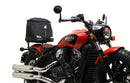 Image featuring a Ventura EVO-12 bike-pack kit for Indian Scout Bobber models, including an EVO-12 pack, Top-Box Rack, and L-bracket with screws. The black pack showcases a logo, while the adjustable rack fits on the bike's rear. A perfect setup for your biking needs.