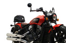 Image featuring a Ventura EVO-12 bike-pack kit for Indian Scout Bobber models, including an EVO-12 pack, Top-Box Rack, and L-bracket with screws. The black pack showcases a logo, while the adjustable rack fits on the bike's rear. A perfect setup for your biking needs.