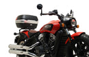 Image featuring a Ventura EVO-12 bike-pack kit for Indian Scout Bobber models, including an EVO-12 pack, Top-Box Rack, and L-bracket with screws. The black pack showcases a logo, while the adjustable rack fits on the bike's rear. A perfect setup for your biking needs.