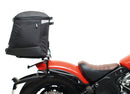 Image featuring a Ventura EVO-12 bike-pack kit for Indian Scout Bobber models, including an EVO-12 pack, Top-Box Rack, and L-bracket with screws. The black pack showcases a logo, while the adjustable rack fits on the bike's rear. A perfect setup for your biking needs.