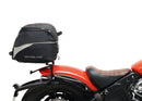 Image featuring a Ventura EVO-12 bike-pack kit for Indian Scout Bobber models, including an EVO-12 pack, Top-Box Rack, and L-bracket with screws. The black pack showcases a logo, while the adjustable rack fits on the bike's rear. A perfect setup for your biking needs.