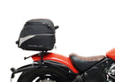 Image featuring a Ventura EVO-12 bike-pack kit for Indian Scout Bobber models, including an EVO-12 pack, Top-Box Rack, and L-bracket with screws. The black pack showcases a logo, while the adjustable rack fits on the bike's rear. A perfect setup for your biking needs.