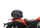 Image featuring a Ventura EVO-12 bike-pack kit for Indian Scout Bobber models, including an EVO-12 pack, Top-Box Rack, and L-bracket with screws. The black pack showcases a logo, while the adjustable rack fits on the bike's rear. A perfect setup for your biking needs.