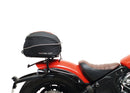 Image featuring a Ventura EVO-12 bike-pack kit for Indian Scout Bobber models, including an EVO-12 pack, Top-Box Rack, and L-bracket with screws. The black pack showcases a logo, while the adjustable rack fits on the bike's rear. A perfect setup for your biking needs.