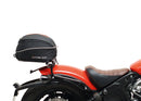 Image featuring a Ventura EVO-12 bike-pack kit for Indian Scout Bobber models, including an EVO-12 pack, Top-Box Rack, and L-bracket with screws. The black pack showcases a logo, while the adjustable rack fits on the bike's rear. A perfect setup for your biking needs.
