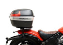 Image featuring a Ventura EVO-12 bike-pack kit for Indian Scout Bobber models, including an EVO-12 pack, Top-Box Rack, and L-bracket with screws. The black pack showcases a logo, while the adjustable rack fits on the bike's rear. A perfect setup for your biking needs.