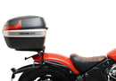 Image featuring a Ventura EVO-12 bike-pack kit for Indian Scout Bobber models, including an EVO-12 pack, Top-Box Rack, and L-bracket with screws. The black pack showcases a logo, while the adjustable rack fits on the bike's rear. A perfect setup for your biking needs.