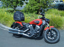 Image featuring a Ventura EVO-12 bike-pack kit for Indian Scout Bobber models, including an EVO-12 pack, Top-Box Rack, and L-bracket with screws. The black pack showcases a logo, while the adjustable rack fits on the bike's rear. A perfect setup for your biking needs.