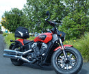 Image featuring a Ventura EVO-12 bike-pack kit for Indian Scout Bobber models, including an EVO-12 pack, Top-Box Rack, and L-bracket with screws. The black pack showcases a logo, while the adjustable rack fits on the bike's rear. A perfect setup for your biking needs.