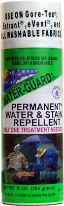 The Sno-Seal product, Permanent Water Guard, is a green and white spray can offering durable water repellent for washable fabrics like Gore-Tex. It promises "only one treatment needed" and features hikers exploring the wilderness on its label.