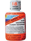 A 532 ml bottle of Sno-Seal's Sport Wash features a striking orange and white label with black text, highlighting "18 wash loads," "scent destroying," and "residue-free detergent." It's ideal for eliminating odors and is safe for all washables.