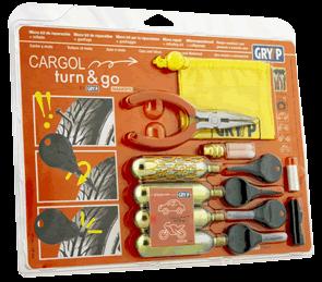 The Gryyp Emergency Puncture Repair Kit is a red and black set featuring a saddle bag with wrenches, tire levers, and CO2 cartridges. The packaging displays illustrations and details of the items.