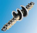 A close-up of the Tirox 360 Brush, featuring a gold and silver bicycle chain with two circular brushes attached between the links against a blue gradient background. The brushes are designed to clean the chain as it moves.