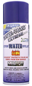A can of Sno-Seal's Water-Guard Extreme spray features a purple cap and a label highlighting its water repellency, UV protection, and resistance to odors and discoloration caused by mold, mildew, fungi, and algae.