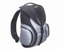 The Arrow I by Ventura is a sleek black and gray backpack with a stylish design, featuring heavy-duty fabric, curved exterior pockets, a padded top handle, comfy shoulder straps, and a front flap buckle.
