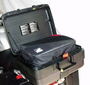 Two black Ventura PANNIER BIKE-PACK KIT bags with red accents and handles are side by side, one slightly in front. These sleek, rectangular motorcycle luggage solutions perfectly fit with Ventura Pannier Frames for an adventurous ride.
