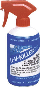 The "U.V. Killer Spray" by Sno-Seal features a red trigger nozzle with a blue and white design. It effectively blocks fluorescence visible to animals, rendering blaze orange and camouflage less visible in certain light conditions, ideal for outdoor enthusiasts.
