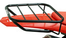 Close-up of a red Ventura motorcycle's front featuring a black powder-coated cargo rack above the headlight. The handlebars boast "Renthal" branding, and the design echoes a CRF250f with white and black elements—ideal for those in need of reliable farm carriers.