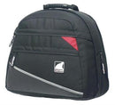 Ventura's Aero-Delta VII laptop bag, styled like motorcycle luggage, features a black design with a red triangle accent and silver diagonal stripe. It includes a branded logo on the front pocket, sturdy handle, and visible side zippers.