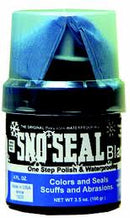 The Sno-Seal Can - Black from Sno-Seal, featuring Beeswax Waterproofing, offers leather protection by sealing and shielding against scuffs and abrasions. The 3.5 oz product has a predominantly black-and-white label with blue accents.