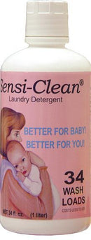 A 16 fl. oz. Sensi-Clean bottle by Sno-Seal has a pink label with a mother and baby illustration, stating "Better for Baby! Better for You!" It offers gentle care for up to 34 wash loads, ideal for the whole family’s laundry needs.