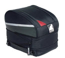 A black Ventura Imola motorcycle helmet bag features a partially open zipper, revealing a helmet adorned with blue, white, and red designs and the brand logo. The bag includes silver reflective strips and a brand tag.