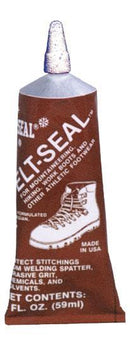A brown tube of Sno-Seal Welt-Seal glue with a white nozzle is ready to go. This USA-made nitrile rubber adhesive is perfect for mountaineering gear, work boots, and athletic footwear. The 2 fl. oz. (59 ml) tube mentions its effectiveness as a seam sealer for outdoor footwear needs.