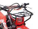 Close-up of a red Ventura motorcycle's front featuring a black powder-coated cargo rack above the headlight. The handlebars boast "Renthal" branding, and the design echoes a CRF250f with white and black elements—ideal for those in need of reliable farm carriers.