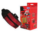 The Gryyp Emergency Puncture Repair Kit is a red and black set featuring a saddle bag with wrenches, tire levers, and CO2 cartridges. The packaging displays illustrations and details of the items.