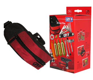 The Gryyp Emergency Puncture Repair Kit is a red and black set featuring a saddle bag with wrenches, tire levers, and CO2 cartridges. The packaging displays illustrations and details of the items.