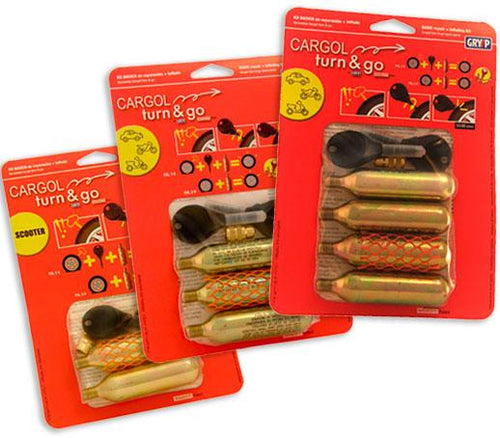 The Gryyp Emergency Puncture Repair Kit is a red and black set featuring a saddle bag with wrenches, tire levers, and CO2 cartridges. The packaging displays illustrations and details of the items.
