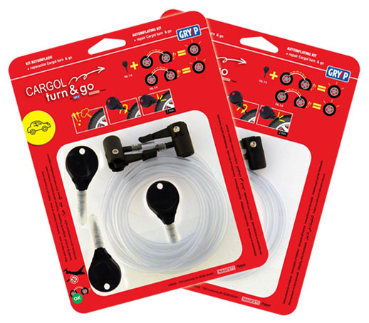 The Gryyp Emergency Puncture Repair Kit is a red and black set featuring a saddle bag with wrenches, tire levers, and CO2 cartridges. The packaging displays illustrations and details of the items.