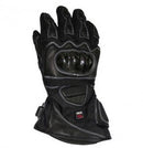The Keis Heated Armoured Gloves offer black waterproof motorcycle gloves with reinforced knuckle protection, intricate stitching, and a small wrist adjustment strap.