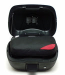 Two black Ventura PANNIER BIKE-PACK KIT bags with red accents and handles are side by side, one slightly in front. These sleek, rectangular motorcycle luggage solutions perfectly fit with Ventura Pannier Frames for an adventurous ride.