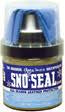 A small container of Sno-Seal, featuring a white lid and blue label, is shown. The product name "Sno-Seal Can - With applicator" appears in white text, highlighting its use for waterproofing shoes.