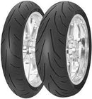 Two Avon 3D Ultra motorcycle tires with sleek black rims and distinctive tread patterns are positioned upright. Their reflective sidewalls feature Avon Tyres branding and text details. These tires are designed for high performance.