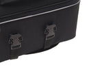 A close-up shows two black plastic buckles on the side of a rectangular Ventura EVO-60 Jet-Stream case, fastened over straps with white piping along the edge.