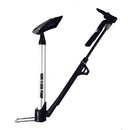 A TUbliss mini floor pump, in black and silver, features a flexible hose, attached nozzle, comfortable black handle grip, small foldable foot stand, with "MINI FLOOR PUMP" printed boldly on the side.