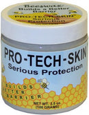 The Sno-Seal Pro-Tech-Skin cream jar features a beeswax theme with honeycomb patterns and bees, along with "Serious Protection" and "Builds a Better Barrier" text. It contains 3.5 oz (100 grams).