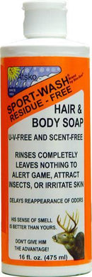 A bottle of Sno-Seal Sport-Wash Hair & Body, with an orange and white label and deer image, is a hunting soap that’s free-rinsing, residue-free, scent-free, UV-free, and works as both unscented shampoo and body wash.