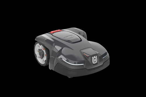 The Husqvarna Automower® 415X robotic lawn mower, in sleek dark gray with white wheels, a red button, and front logo, is displayed on a black background. It includes GPS theft tracking for enhanced security.
