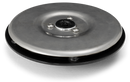 A round, metallic Husqvarna CEORA® Cutting disc L, featuring a central mounting and visible screws like those on industrial equipment, is shown against a black background.