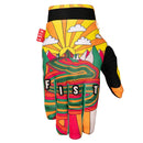 The FIST JORDY SCOTT WALKING ON SUNSHINE GLOVE is a colorful MTB glove with sunrise, mountains, clouds, winding roads, "FIST" in black and white on the fingers, and a red FIST tag on the side.