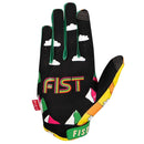 The FIST JORDY SCOTT WALKING ON SUNSHINE GLOVE is a colorful MTB glove with sunrise, mountains, clouds, winding roads, "FIST" in black and white on the fingers, and a red FIST tag on the side.