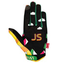 The FIST JORDY SCOTT WALKING ON SUNSHINE GLOVE is a colorful MTB glove with sunrise, mountains, clouds, winding roads, "FIST" in black and white on the fingers, and a red FIST tag on the side.